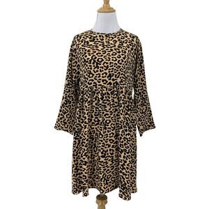 Asos Babydoll Cheetah Dress Womens 0 Black Keyhole Back Mini Long Sleeve Stretch